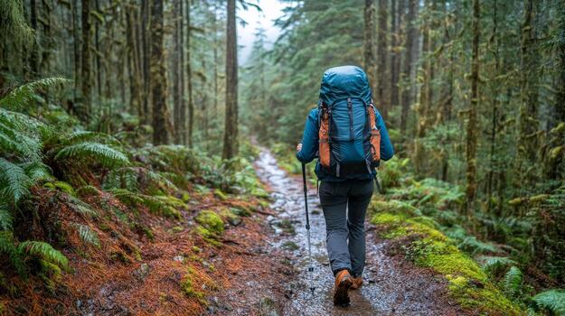 Hiker explores a misty forest trail surrounded by tall trees and lush greenery photo