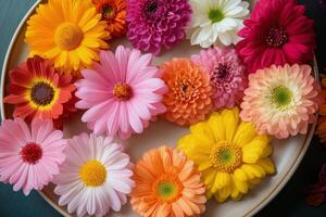 Colorful arrangement of fresh flowers displayed in a round dish on a garden table photo