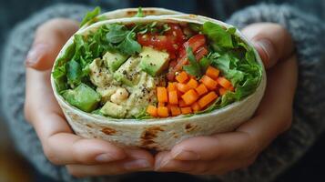 Delicious vegetable wrap filled with fresh ingredients and vibrant colors held by hands photo