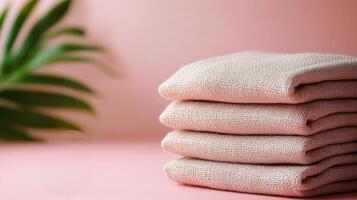 Soft pink towels stacked neatly on a pastel background for home dcor and relaxation photo