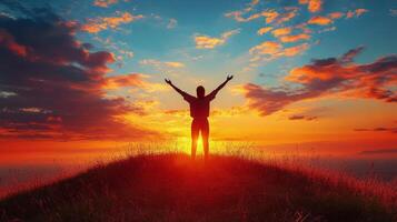 Individual celebrating a stunning sunset view from a hilltop with outstretched arms photo