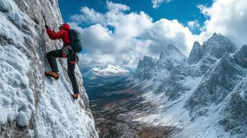 Climber scaling a rocky mountain wall in the Dolomites during a sunny day with clouds photo
