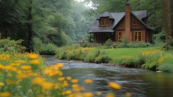 Cozy black cabin by serene stream surrounded by lush forest in early evening light photo