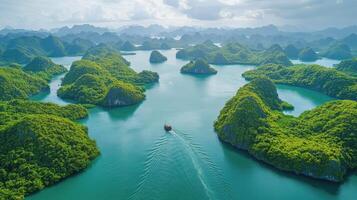 Breathtaking aerial view of lush green islands and tranquil waters in Ha Long Bay during daylight photo