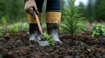 Gardener tending to young plants in fertile soil surrounded by lush greenery in sunny weather photo