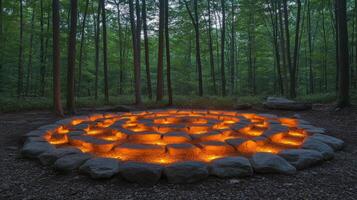 Serene stone labyrinth at sunset surrounded by trees in a tranquil forest setting photo