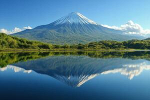 Majestic snowy peak reflecting in tranquil lake under clear blue sky photo