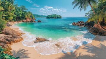 Tranquil beach with clear waters and lush greenery on a sunny day in a tropical paradise photo