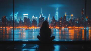 majestuoso nuevo York ciudad horizonte iluminado a noche visto desde un frente al mar ubicación foto