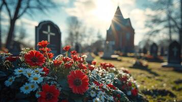 Bright yellow flowers bloom in a serene cemetery at sunset in autumn photo