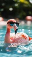 Flamingo with sunglasses enjoying a sunny day in a vibrant swimming pool photo