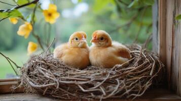 Two young birds sharing a cozy nest in a lush environment during the daytime photo