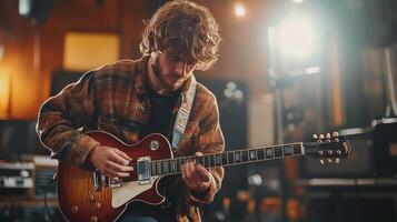 Guitarist playing electric guitar in a recording studio during a music session photo