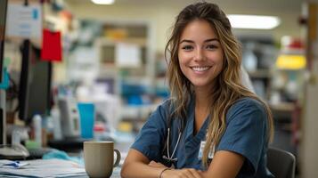 Smiling young woman enjoying coffee at work in a busy office environment photo