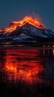 Volcano erupts at night illuminating the mountain landscape with vibrant lava flow reflecting in the water photo
