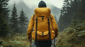 Hiker explores a misty forest trail surrounded by tall trees and lush greenery photo