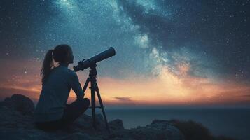 Stargazer observes the night sky with telescope in remote landscape under vibrant cosmic display photo