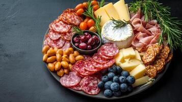 Charcuterie platter featuring various cheeses, meats, and herbs arranged on a rustic serving board photo