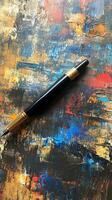 Colorful paint palette with a fountain pen resting on the vibrant textures photo