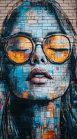 Colorful mural of a woman with sunglasses displayed on a brick wall in an urban setting photo