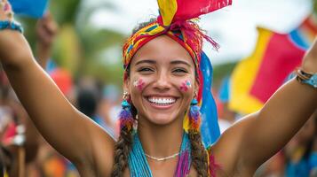 Celebratory participant smiles brightly while holding flags at cultural festival in sunny environment photo