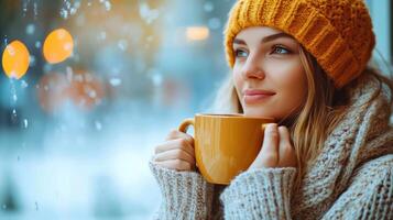 Woman enjoying a warm drink while gazing out at the snowy landscape on a chilly winter day photo