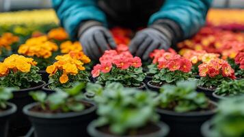 Gardener arranging colorful flowers in a greenhouse during springtime photo