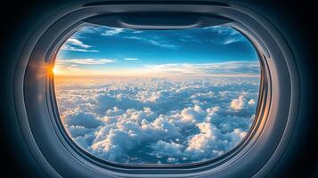 Breathtaking aerial view from airplane window showcasing coast and clouds above blue ocean photo