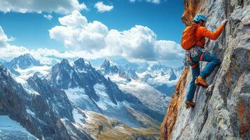 Climber scaling a rocky mountain wall in the Dolomites during a sunny day with clouds photo