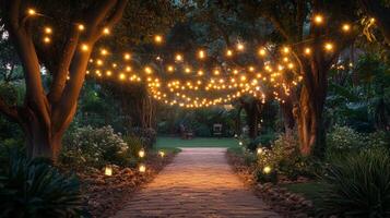 Charming outdoor space with string lights illuminating path and garden at twilight photo