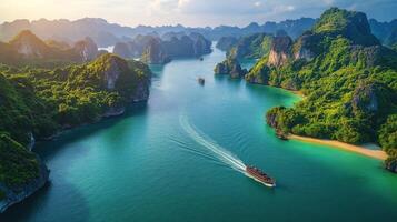 Breathtaking aerial view of lush green islands and tranquil waters in Ha Long Bay during daylight photo
