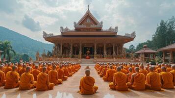 Meditation gathering of monks in serene temple overlooking mountains during autumn photo