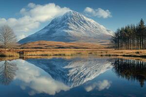 Majestic snowy peak reflecting in tranquil lake under clear blue sky photo