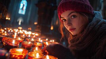 Young woman lights candles in a serene cathedral during a quiet evening session photo