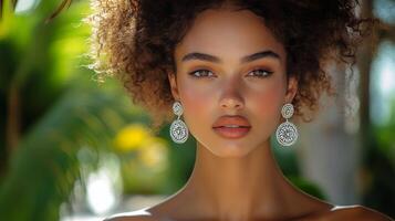 Captivating portrait of a woman with natural beauty and elegant accessories in lush surroundings photo