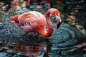 Flamingo splashing in water creating ripples under soft sunlight in a vibrant setting photo