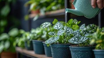 Watering indoor plants in a cozy green space during daylight hours photo