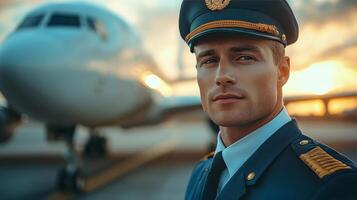 A pilot wearing a formal uniform stands in front of an aircraft as twilight approaches photo