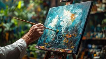 Artist creates vibrant abstract painting using thick brush strokes and rich colors indoors photo