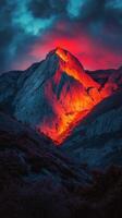 Volcano erupts at night illuminating the mountain landscape with vibrant lava flow reflecting in the water photo