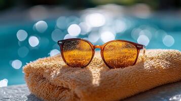 Sunglasses resting on a towel by a sparkling swimming pool on a sunny day photo
