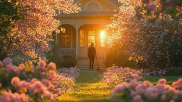 Man tending to vibrant garden flowers in front of a colorful house during spring afternoon photo