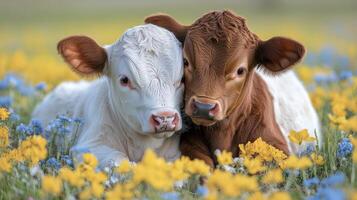 Twin calves relaxing in a sunny pasture during late afternoon hours photo