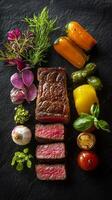 Gourmet steak arranged with colorful vegetables and herbs on a dark slate surface photo