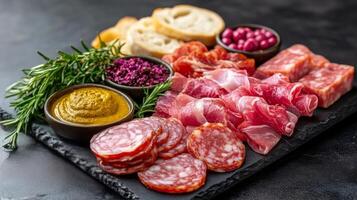 Grilled sausages served with bread and pickled onions on a dark plate photo