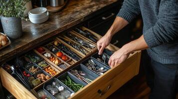 Organizing kitchen drawer with fresh herbs and cooking tools in a modern home kitchen photo