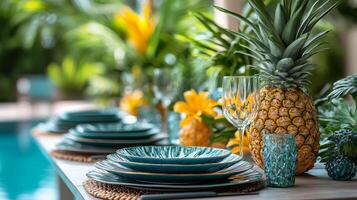 Elegant outdoor dining setup with colorful floral centerpiece by the poolside during sunny afternoon photo