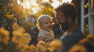Joyful moment between father and daughter in a bright outdoor setting photo