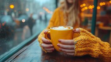 Woman enjoying a warm drink while gazing out at the snowy landscape on a chilly winter day photo