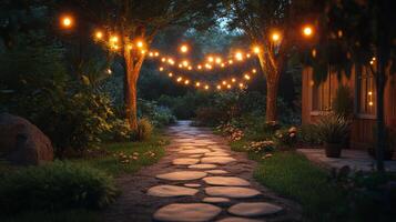Charming outdoor space with string lights illuminating path and garden at twilight photo